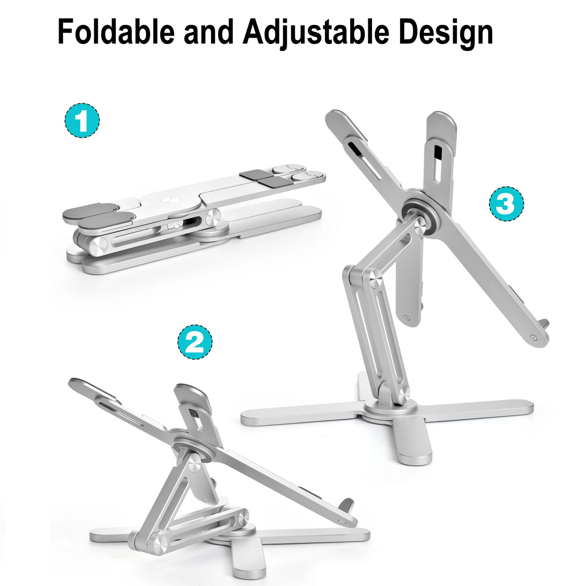 Diagram showing the foldable and adjustable design of a laptop and tablet stand with three different angles.