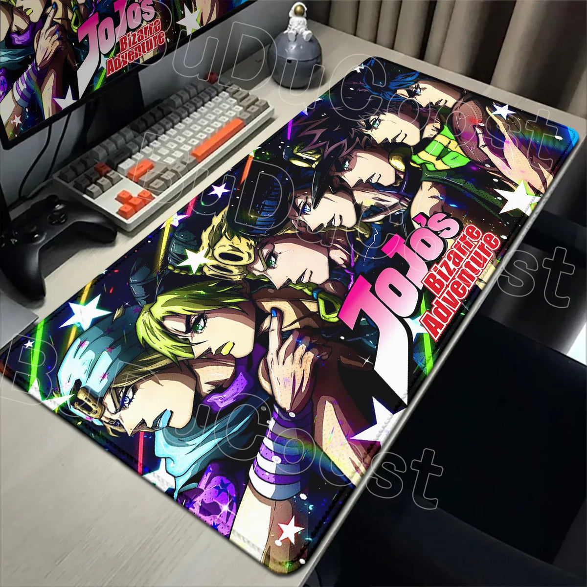 An anime-inspired gaming mouse pad featuring characters from JoJo's Bizarre Adventure on a desk.