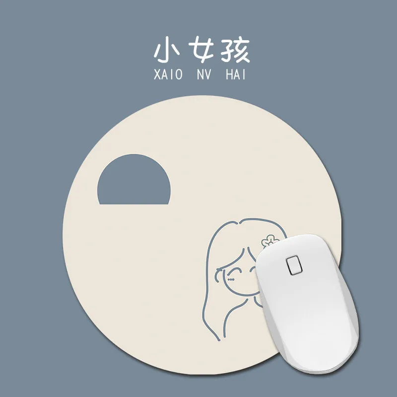 A light beige round mouse pad featuring a line drawing of a girl's profile.