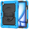 A blue heavy duty shockproof iPad case with a black screen protector and built-in accessories.