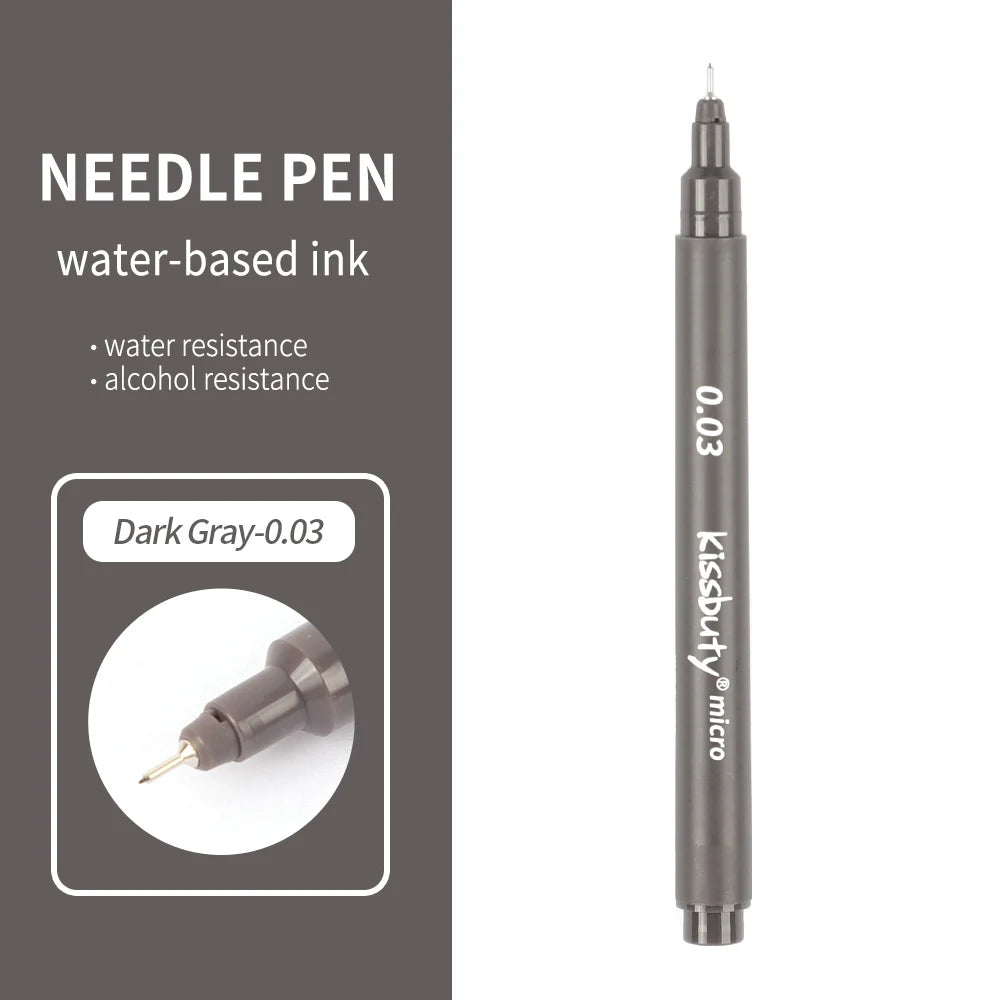 A dark gray needle pen with a silver tip and black ink, shown vertically.