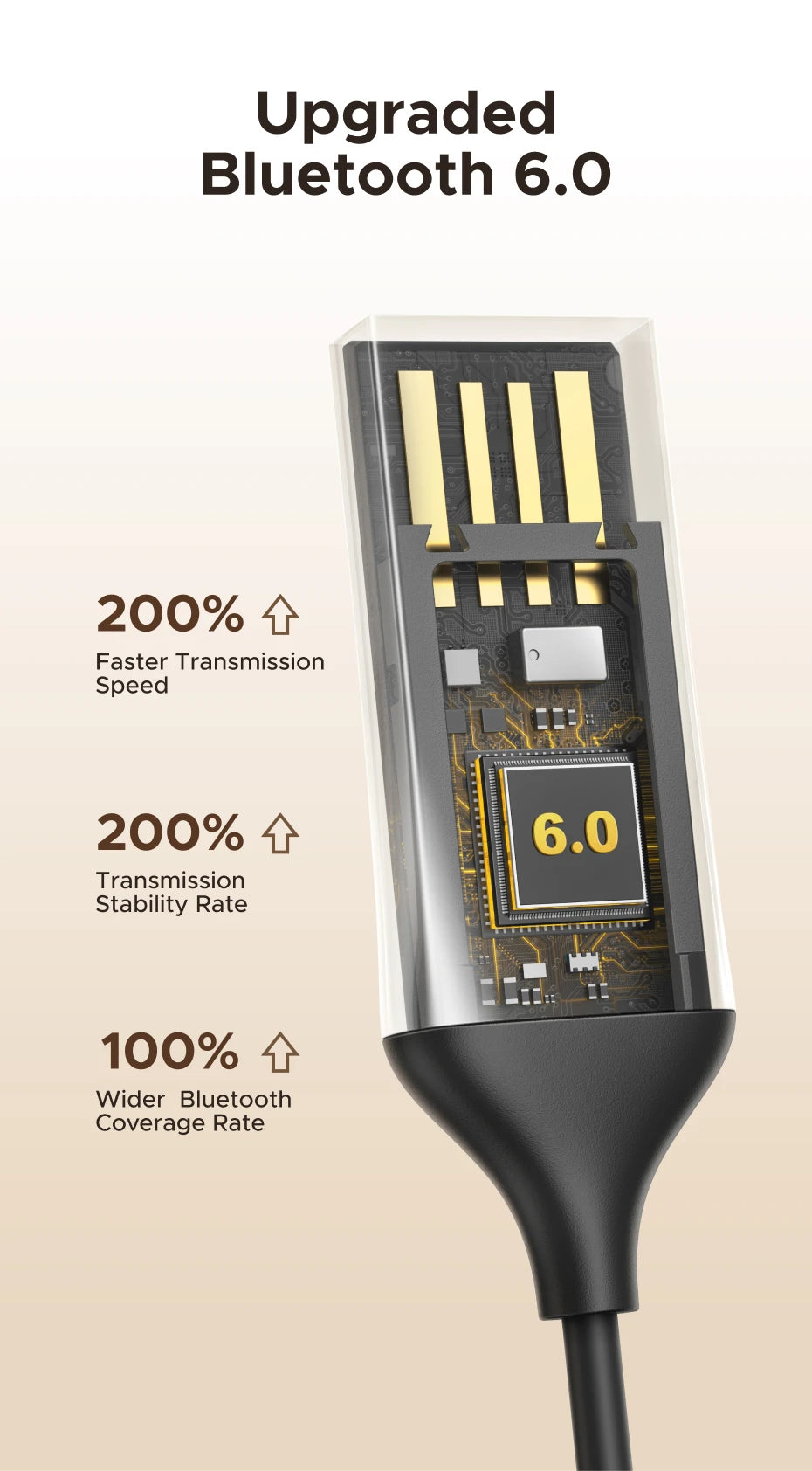 A close-up view of an upgraded Bluetooth 6.0 audio adapter with a microphone, showing technical specifications.