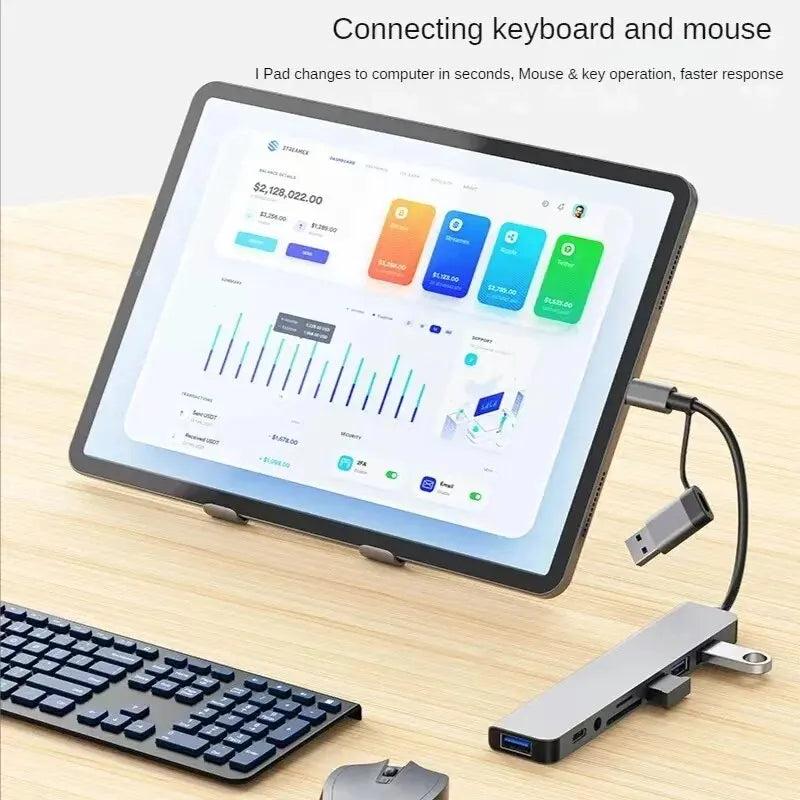 A tablet is shown connecting a keyboard and mouse via an 8-in-2 multi-function USB hub docking station.