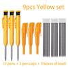 A set of nine yellow precision carpenter pencils including pens, caps, and lead boxes.