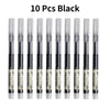 A set of ten black precision gel pens is displayed in a row.