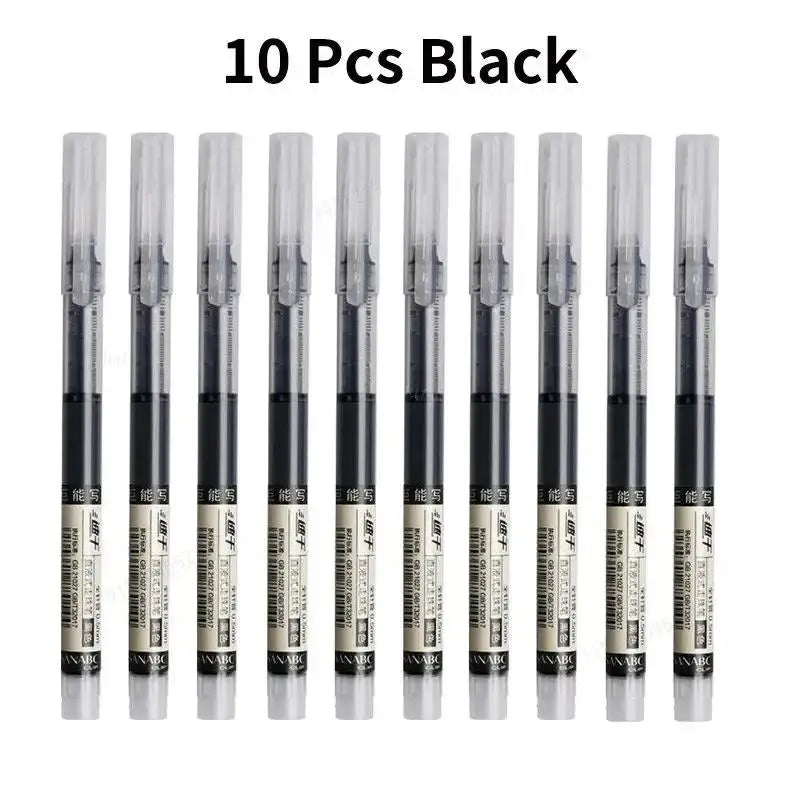 A set of ten black precision gel pens is displayed in a row.