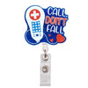 Glitzer-Acryl-ID-Badge-Clip mit weißem Medizinkreuz auf blauem Hintergrund und dem Text „Call Don't Fall“