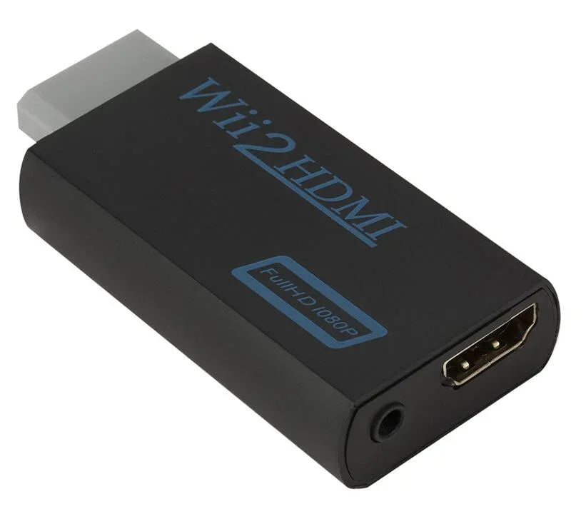 A black Wii to HDMI converter adapter with a gold connector and blue text indicating FullHD 1080P support.
