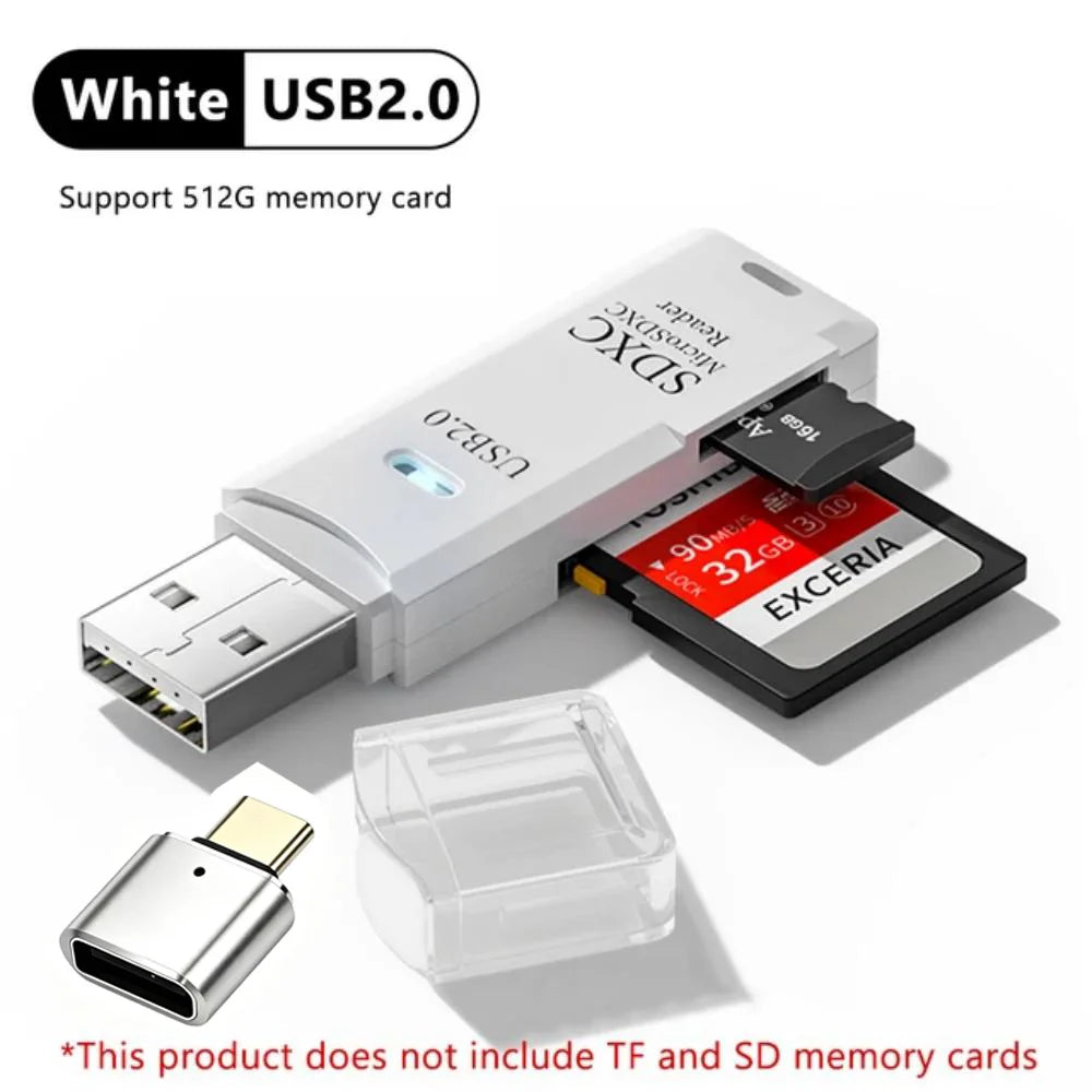 White USB 2.0 SDXC card reader with a flash drive function and a memory card.