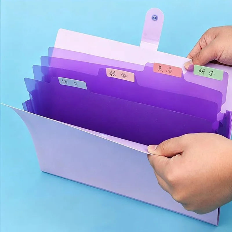 A purple A4 document accordion folder with snap buttons and labeled dividers is being held by a hand.