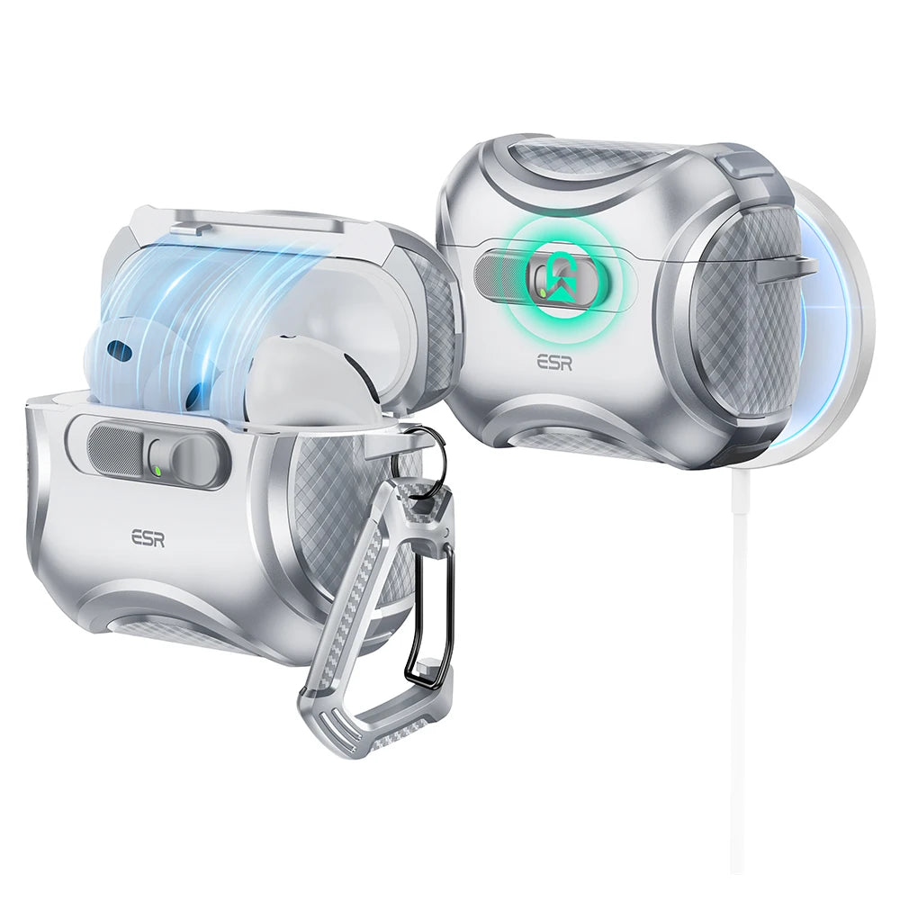 A silver magnetic case for AirPods Pro is shown in three views, highlighting its design and features.