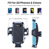 A black universal air vent car phone mount with a 360-degree rotation feature shown in various sizes.