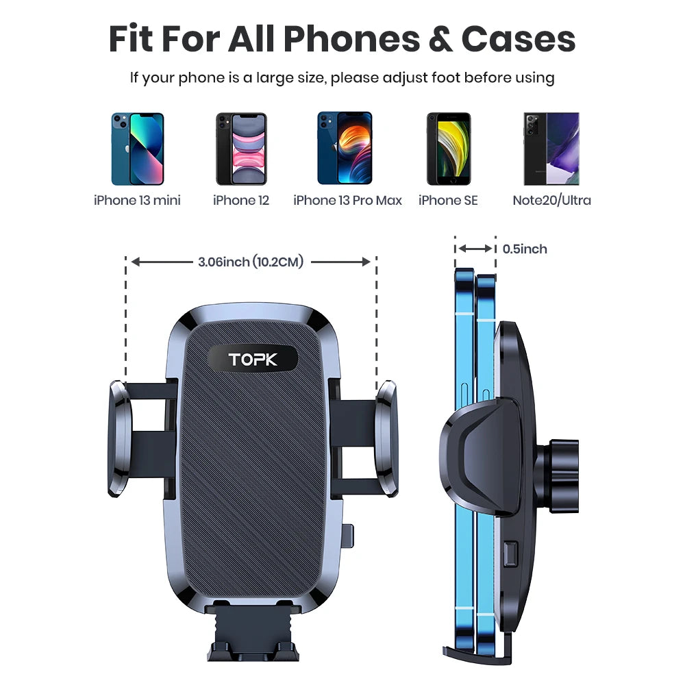 A black universal air vent car phone mount with a 360-degree rotation feature shown in various sizes.