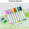 A collection of eight colored dry erase markers and a magnetic eraser are displayed on a light green surface next to a keyboa