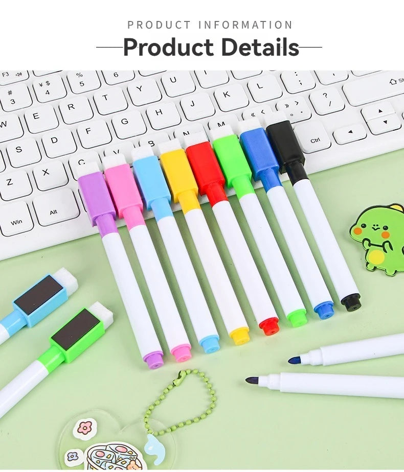A collection of eight colored dry erase markers and a magnetic eraser are displayed on a light green surface next to a keyboa
