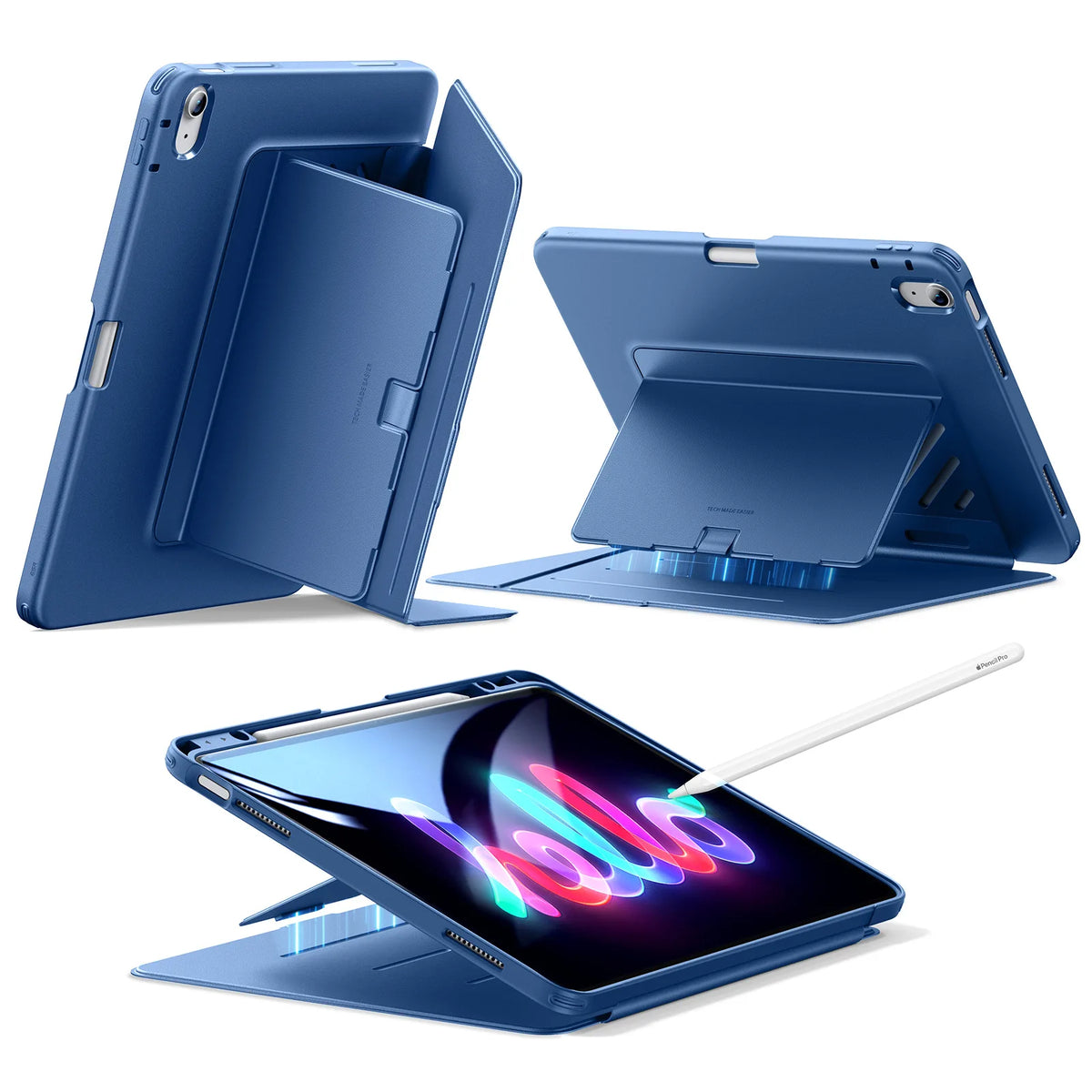 A blue magnetic folio case for an iPad Air shown in multiple angles.