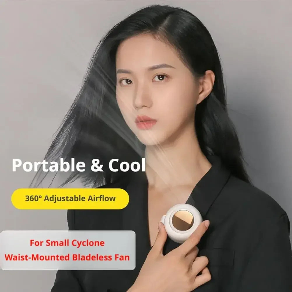 A woman holds a portable and cool waist-mounted bladeless fan for small cyclone use.