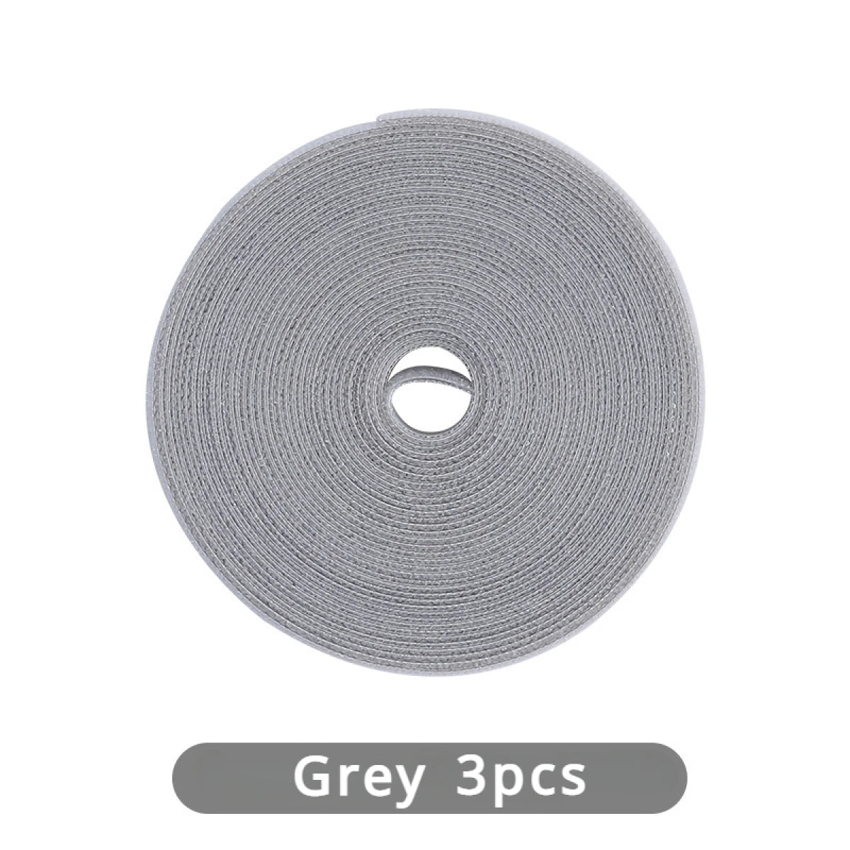 A roll of grey reusable hook and loop cable ties, packaged in three pieces.