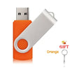 An orange metal flash drive with a silver clip and USB connector.