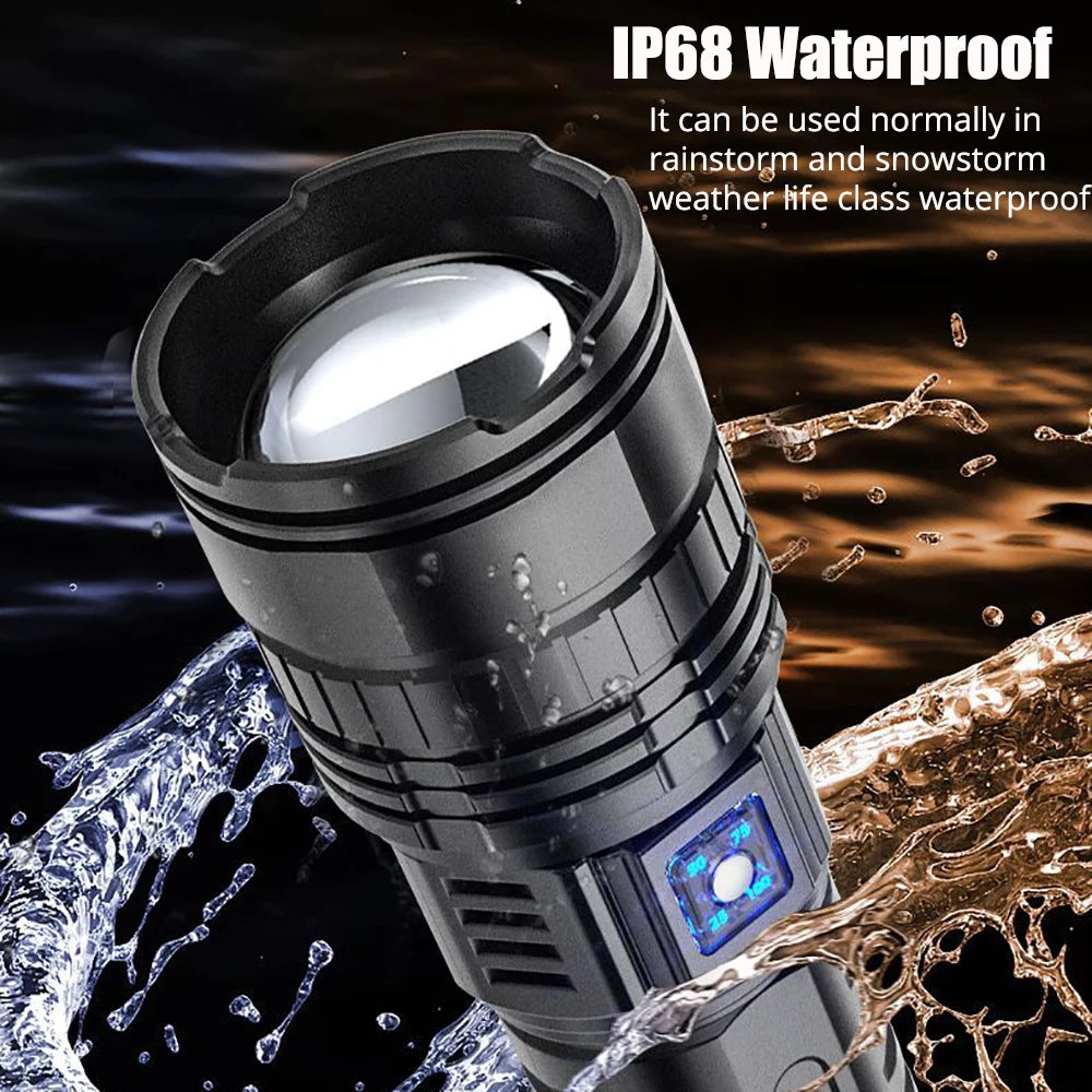 An ultra-bright tactical LED flashlight with an adjustable zoom lens is shown against a dark background with water splashing.