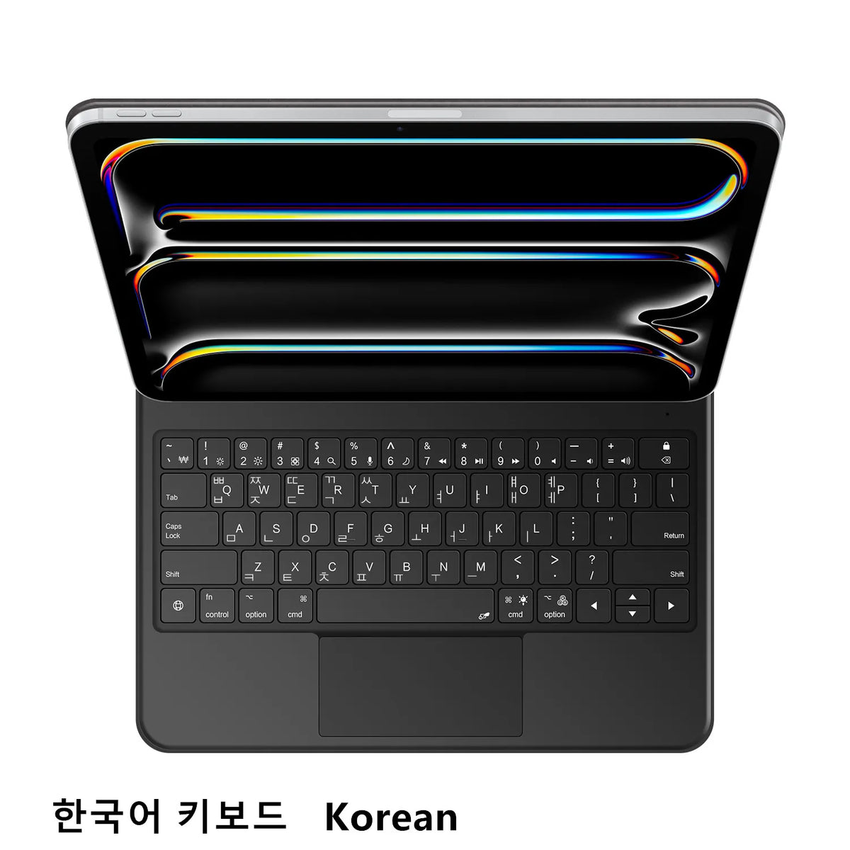 A black keyboard cover designed for an iPad, featuring a Korean layout keyboard.