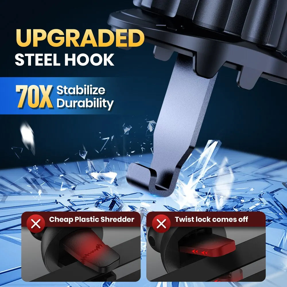 Close-up of an upgraded steel hook product demonstrating durability against a cheap plastic shredder.