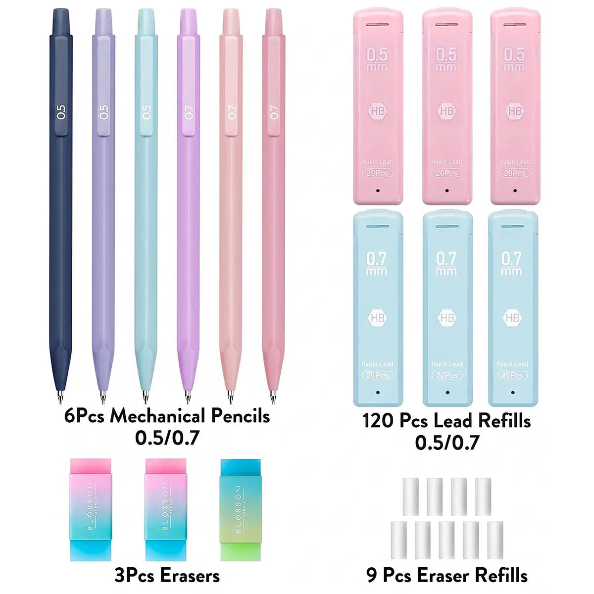 A set of pastel mechanical pencils, erasers, and lead refills in various shades of pink, purple, and blue.