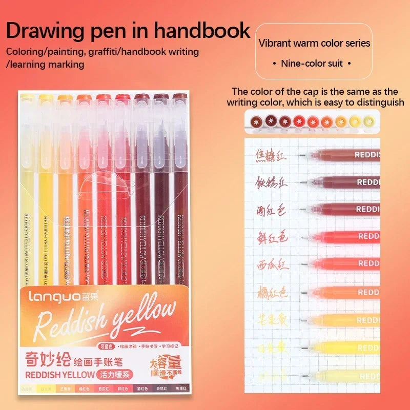 A set of ten reddish yellow drawing pens in a handbook packaging, featuring various shades of red and yellow.