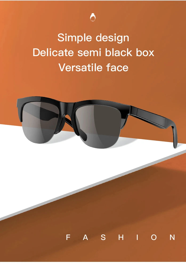 A pair of semi black sunglasses resting on a white surface with an orange background.