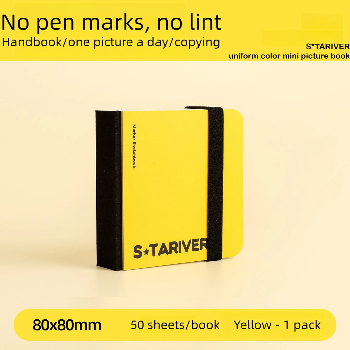 A yellow mini picture book titled S+TARIVER with a black cover, shown against a light background.