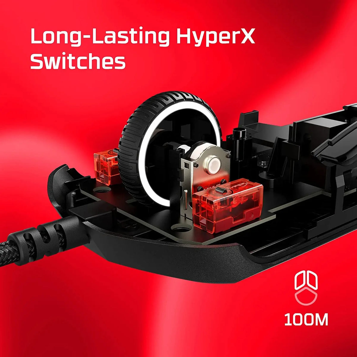 Nahaufnahme von HyperX-Schaltern und Komponenten für eine Gaming-Maus, mit roten und schwarzen Teilen.
