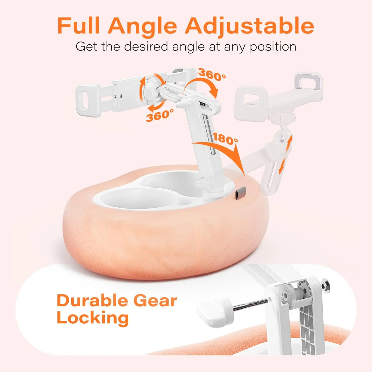 A pink plush pillow tablet features a full-angle adjustable stand with durable gear locking for viewing.
