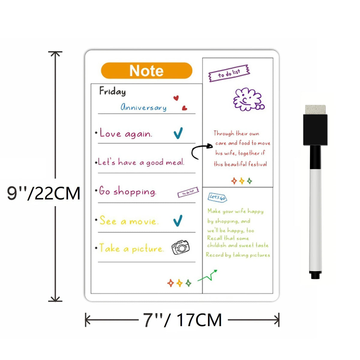 A white magnetic dry erase planner board with a note for Friday's anniversary and to-do list