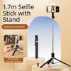 A black selfie stick with a stand is shown next to an iPhone, demonstrating its use for taking photos.