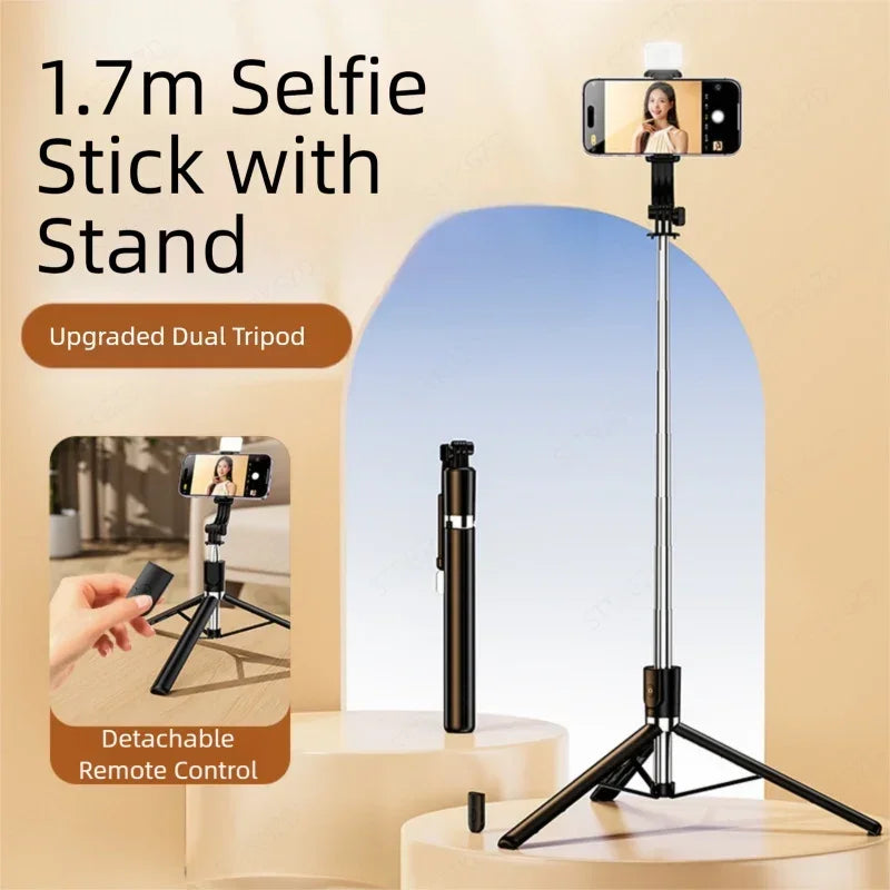A black selfie stick with a stand is shown next to an iPhone, demonstrating its use for taking photos.