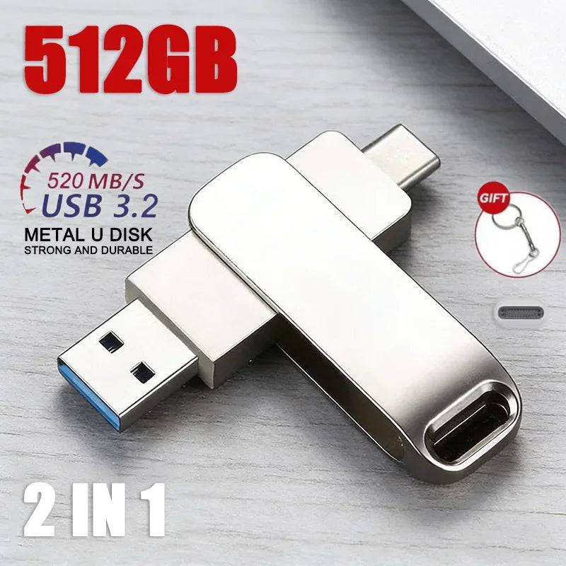 A silver metal USB 3.2 flash drive is shown on a wooden surface, highlighting its durable design and 512GB capacity.