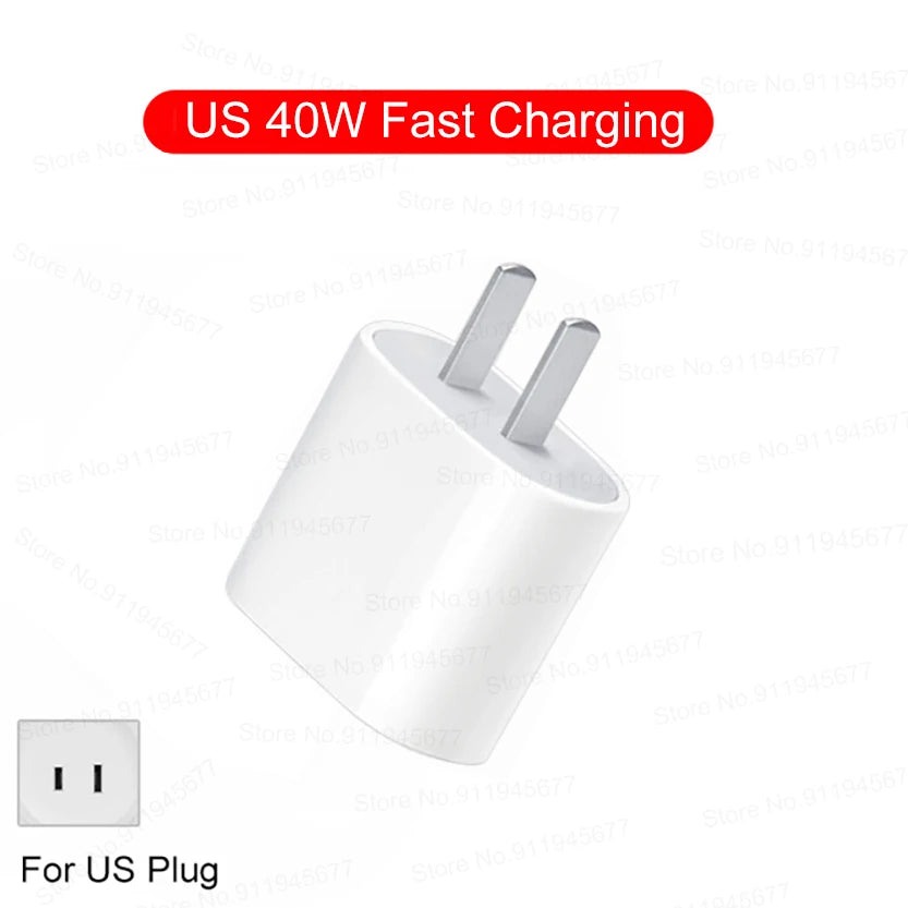 A white US 40W fast charging adapter plug for Apple devices.