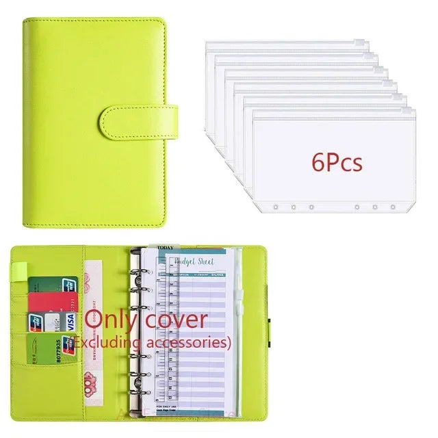 Planificador de presupuesto en cuero PU verde lima con cubierta transparente y varias hojas.