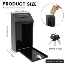 A black silicone wall-mounted drop box with a lock and key, shown with dimensions.