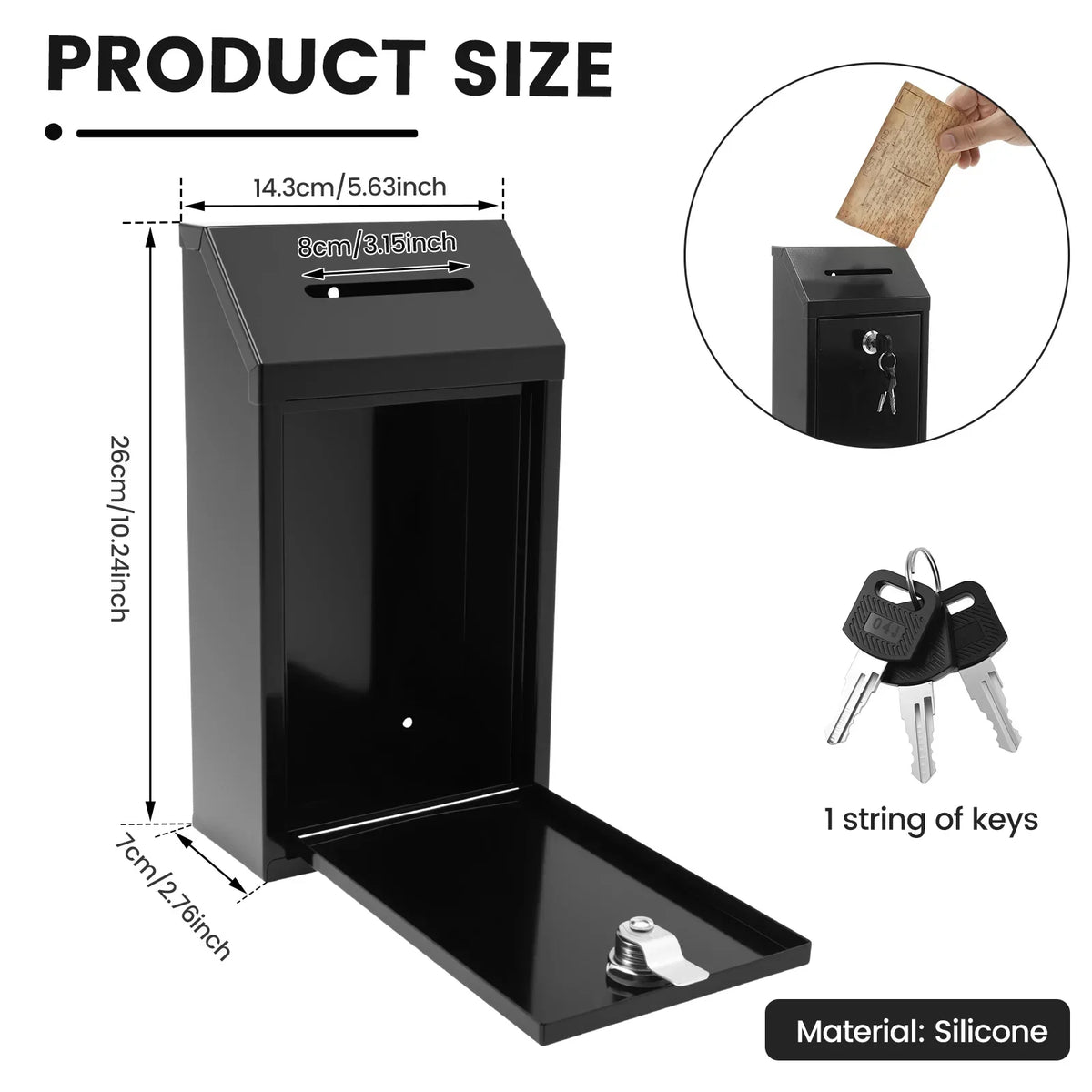 A black silicone wall-mounted drop box with a lock and key, shown with dimensions.