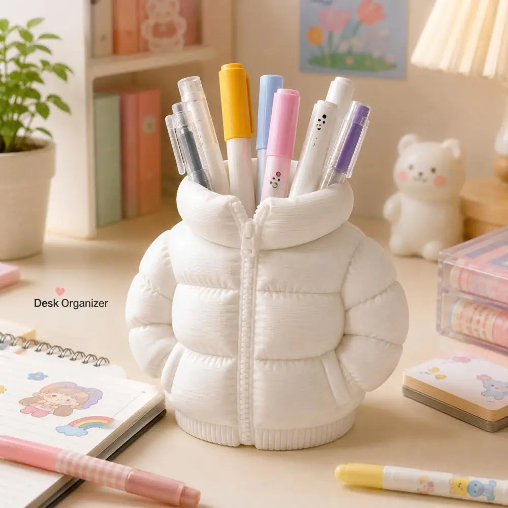 A white puffer jacket shaped pen holder used as a quirky desk organizer with various colored pens and pencils.