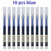 A set of ten blue smooth quick-drying gel pens with clear plastic casings and black barrels.