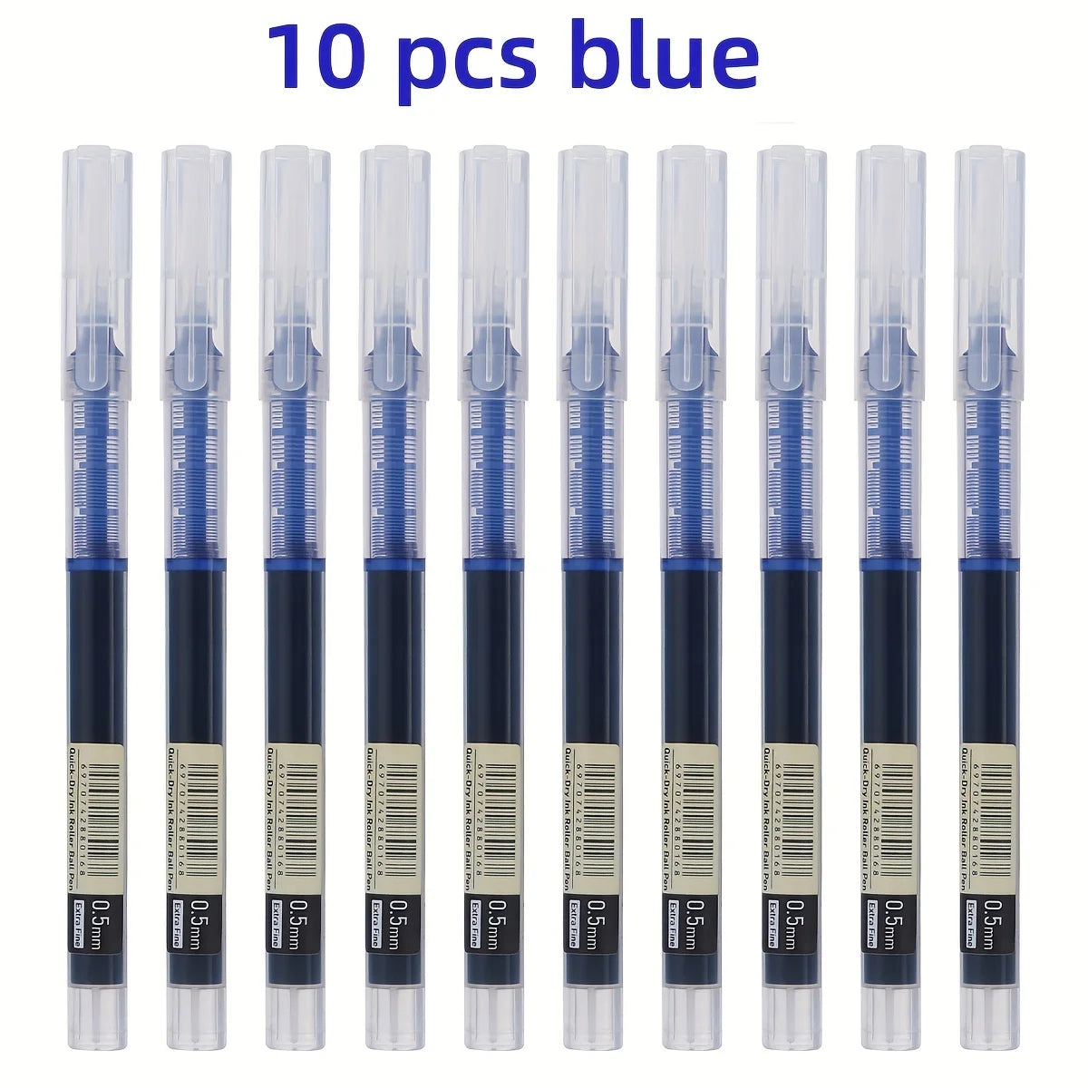 A set of ten blue smooth quick-drying gel pens with clear plastic casings and black barrels.