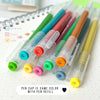 A set of nine colored gel pens with matching pen caps and refills arranged diagonally on a white surface.