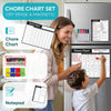 A woman is using a magnetic chore chart set with a whiteboard and notepad to track chores.
