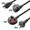 Three versions of a 65W AC adapter for HP laptops are shown: US, EU, and UK plugs.