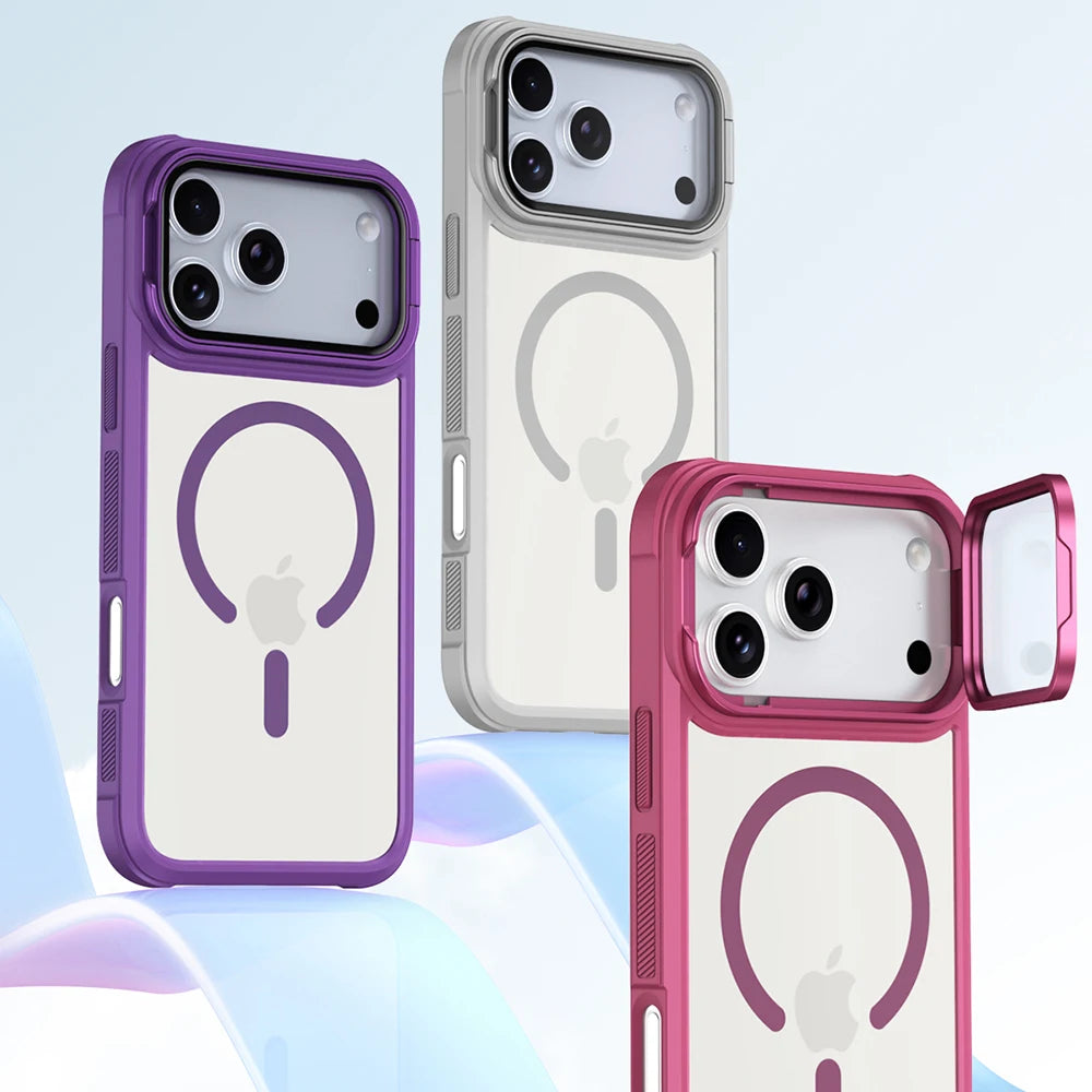 Three versions of a magnetic shockproof iPhone case in purple and pink, showing the camera lens protection design.