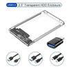 A transparent USB 3.0 enclosure for a 2.5-inch hard drive, shown with various connection options.