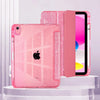 A pink glittery protective stand cover for an iPad, shown with the device inside and a matching pink case.