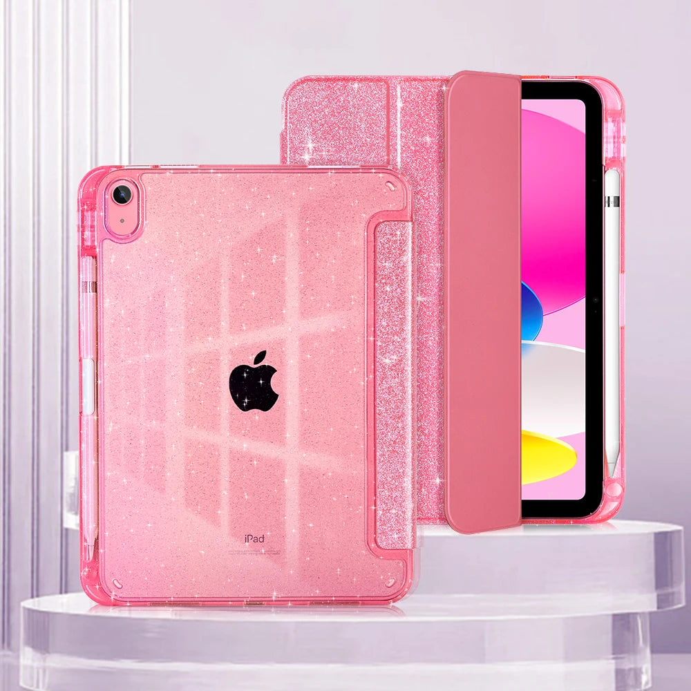 A pink glittery protective stand cover for an iPad, shown with the device inside and a matching pink case.